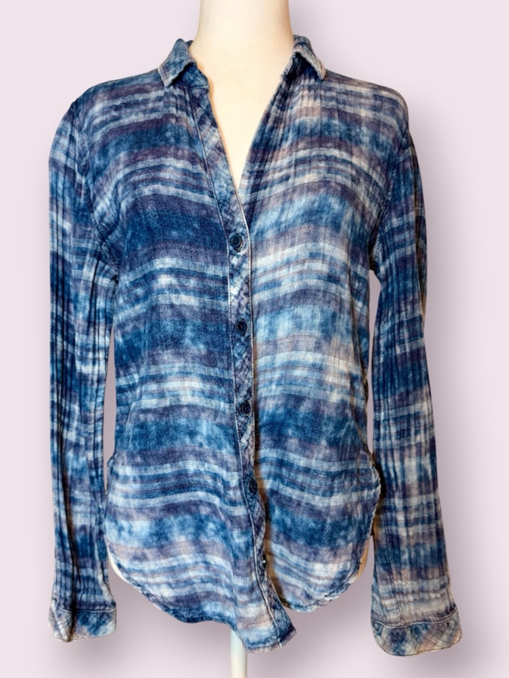Side Stitch Gauze Bleached Plaid Button Up Top Blue Size Small